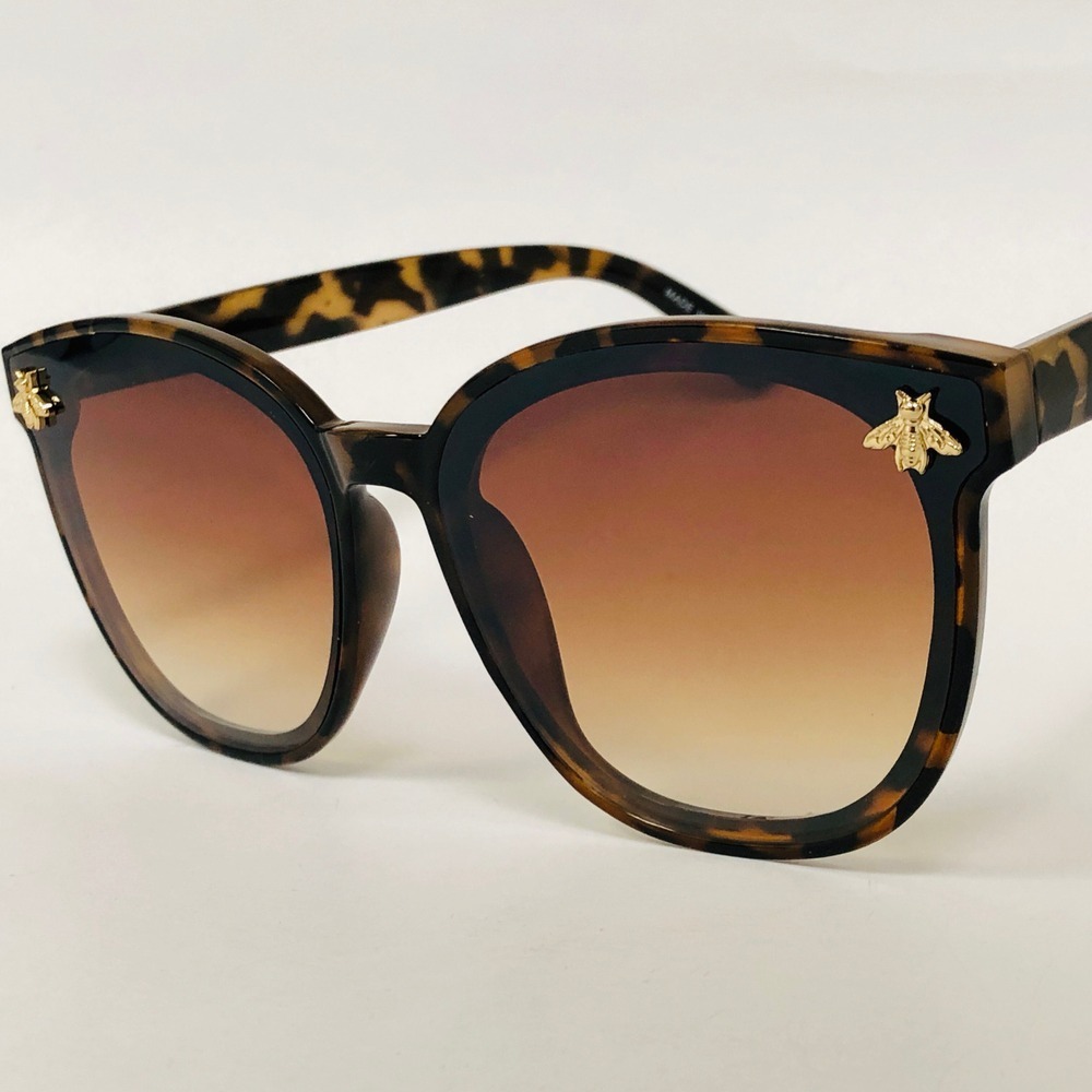 Sunglasses Women Brown Lens Round Trendy Cat Eye Female Bee Shades Lentes Gafas